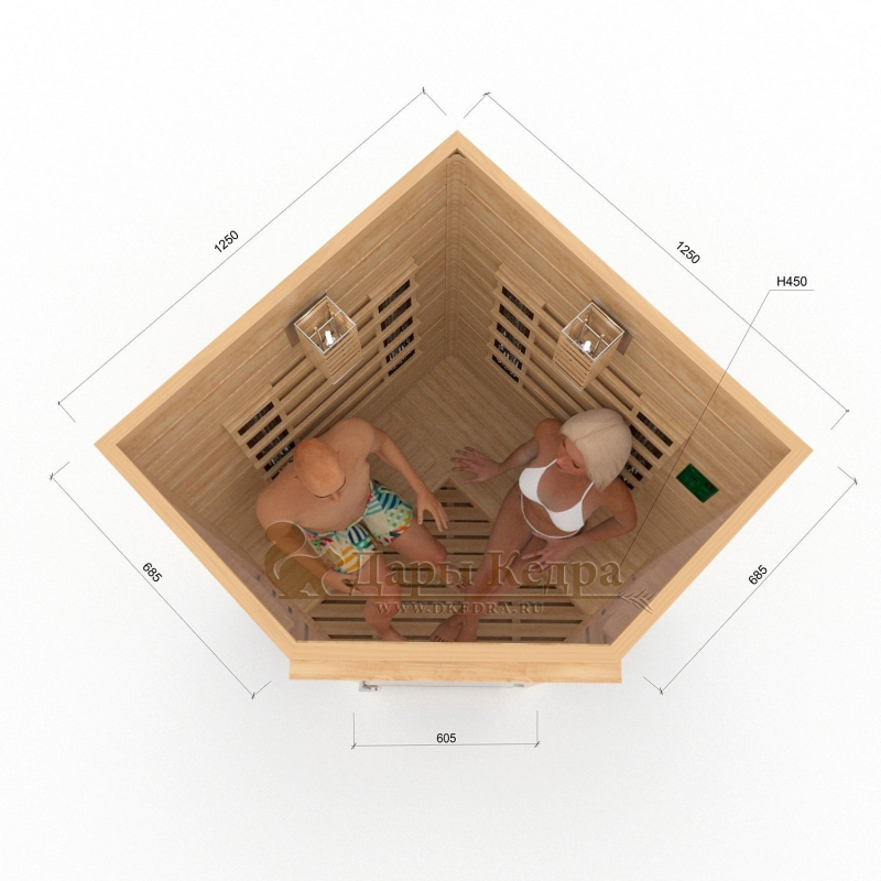 Двухместная угловая инфракрасная сауна кабина из кедра и липы с керамическими излучателями